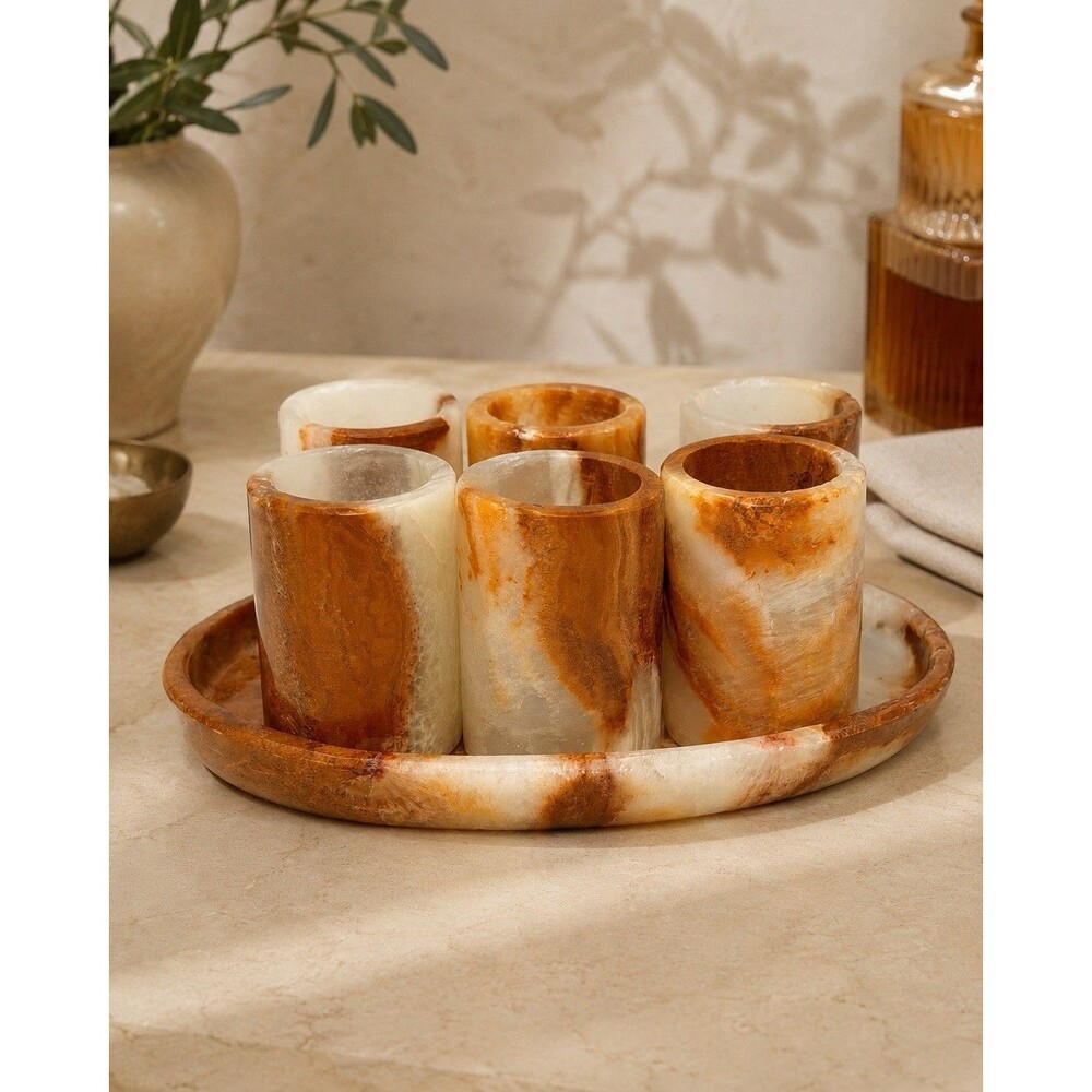 Vintage Banded Onyx Stone Shot Glass Set 6 Tequila Sake Cups w/ 7" Oval Tray